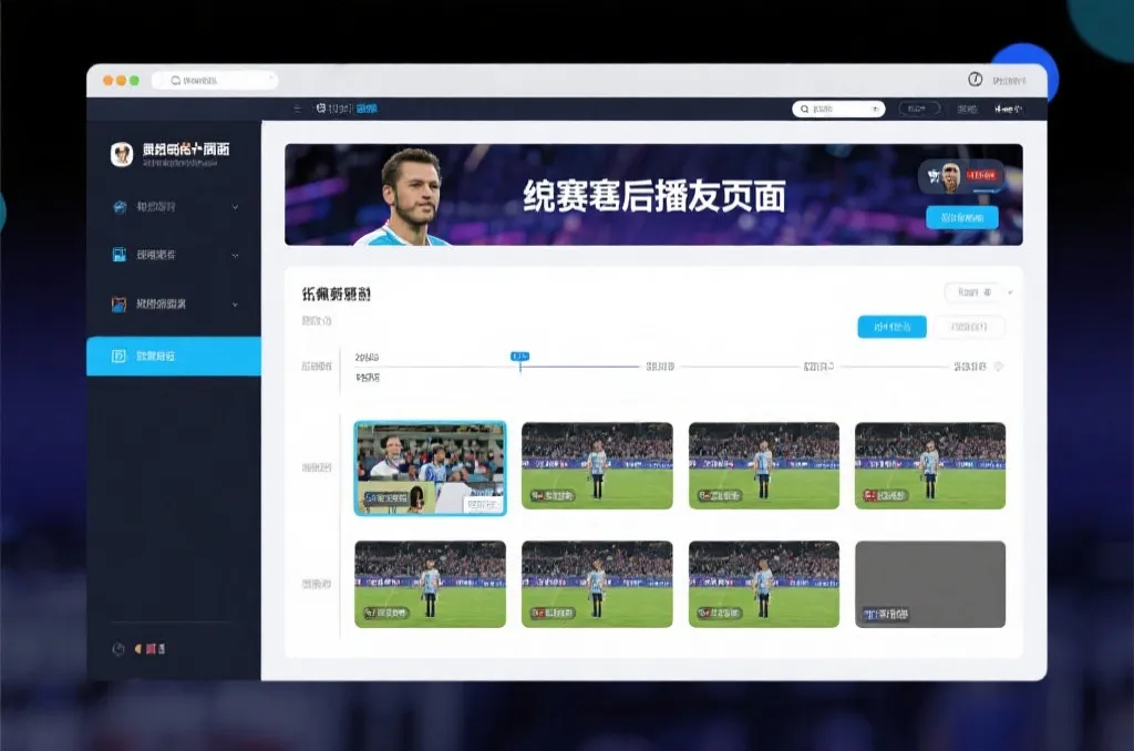 比赛结束后，电视屏幕展示集锦回放页面，旁边有时间轴和多角度切换提示
